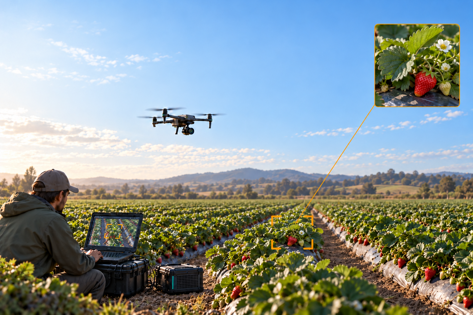 Illustration of drone-assisted agriculture inspection with an operator and a local ground unit.