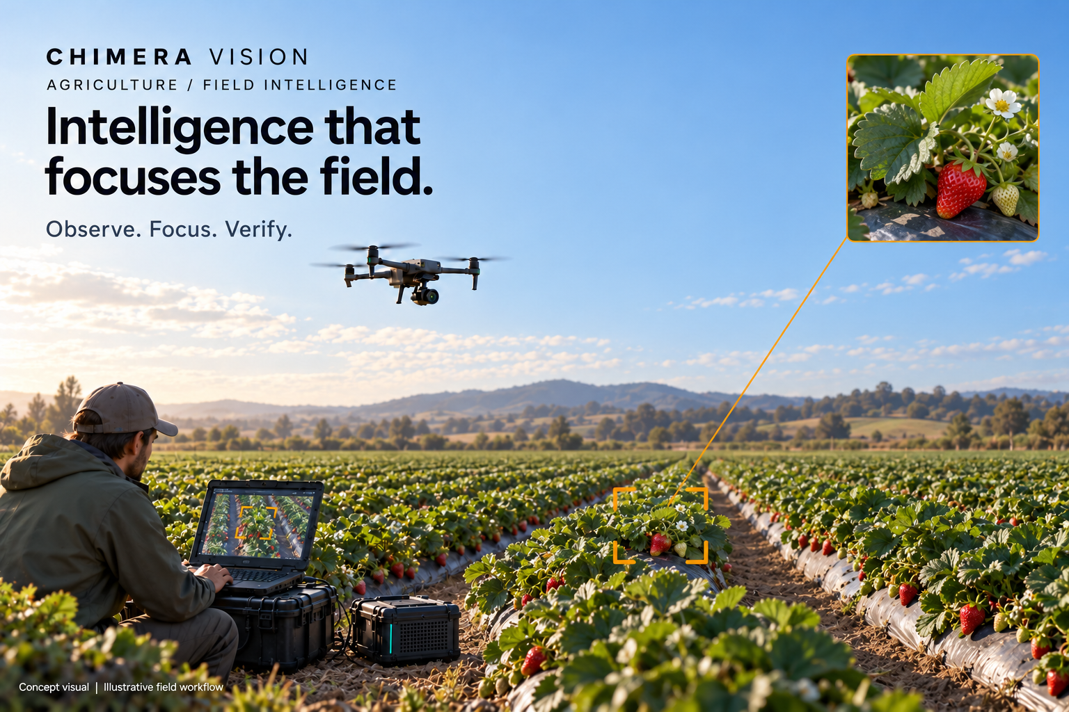 Chimera Vision agriculture concept: a drone observing a field, a ground operator and a focused view of a crop observation.