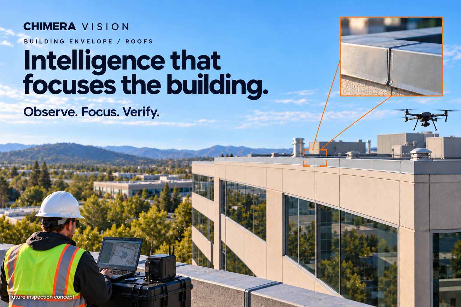 Future inspection concept: a drone and field operator observing an existing building’s roof and exterior.