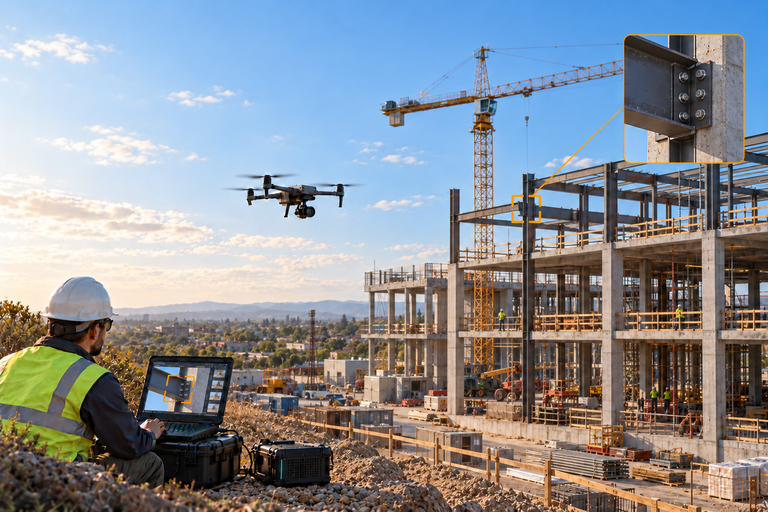 Illustration of drone-assisted construction inspection with an operator and a local ground unit.