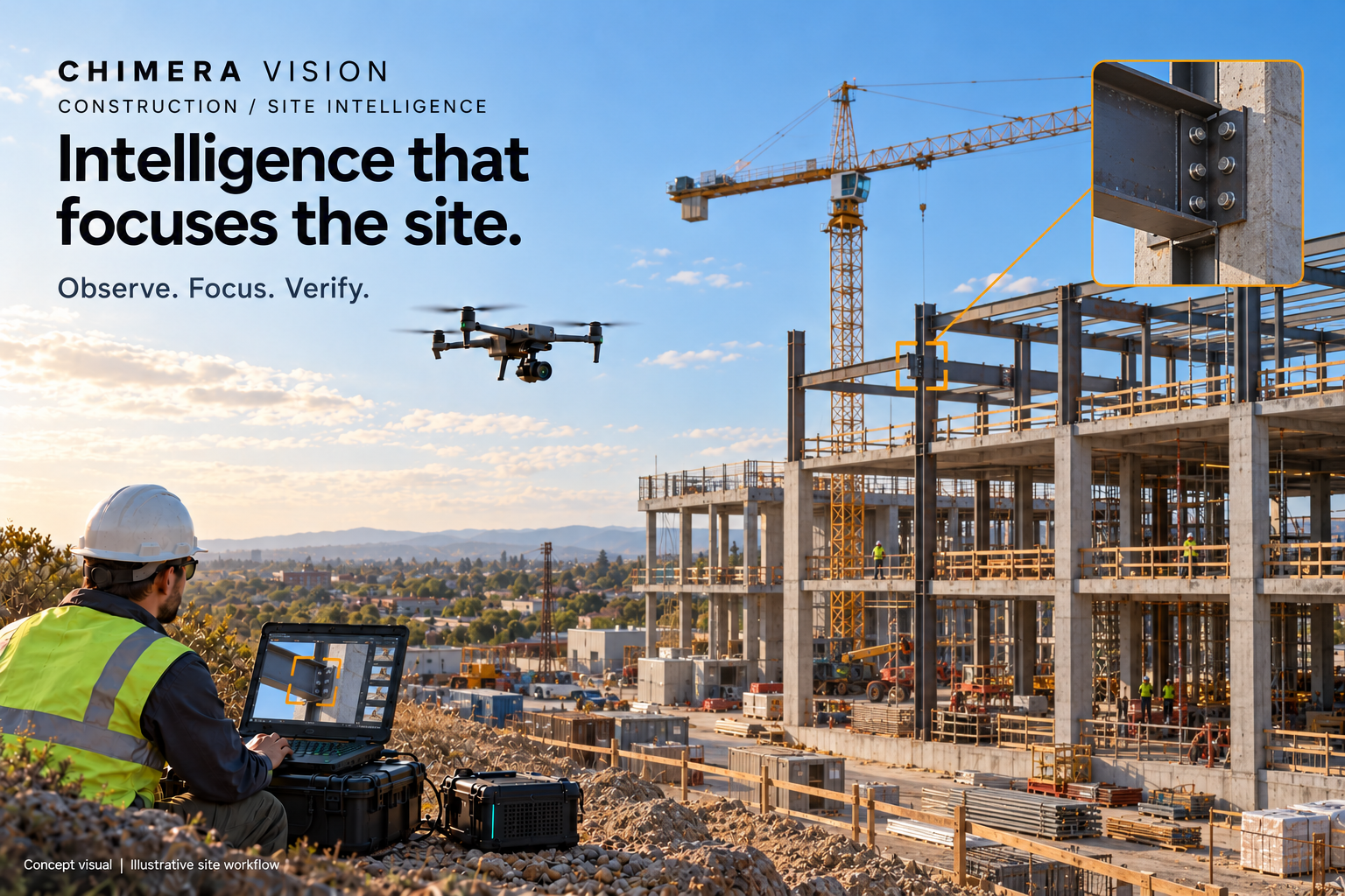 Chimera Vision construction concept: an aircraft observing a site with an operator and local ground unit.