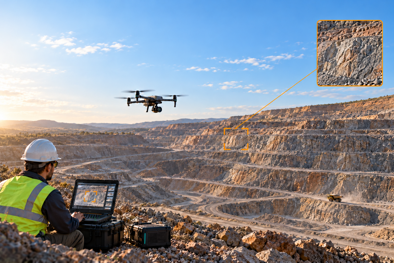 Illustration of drone-assisted mining inspection with an operator and a local ground unit.