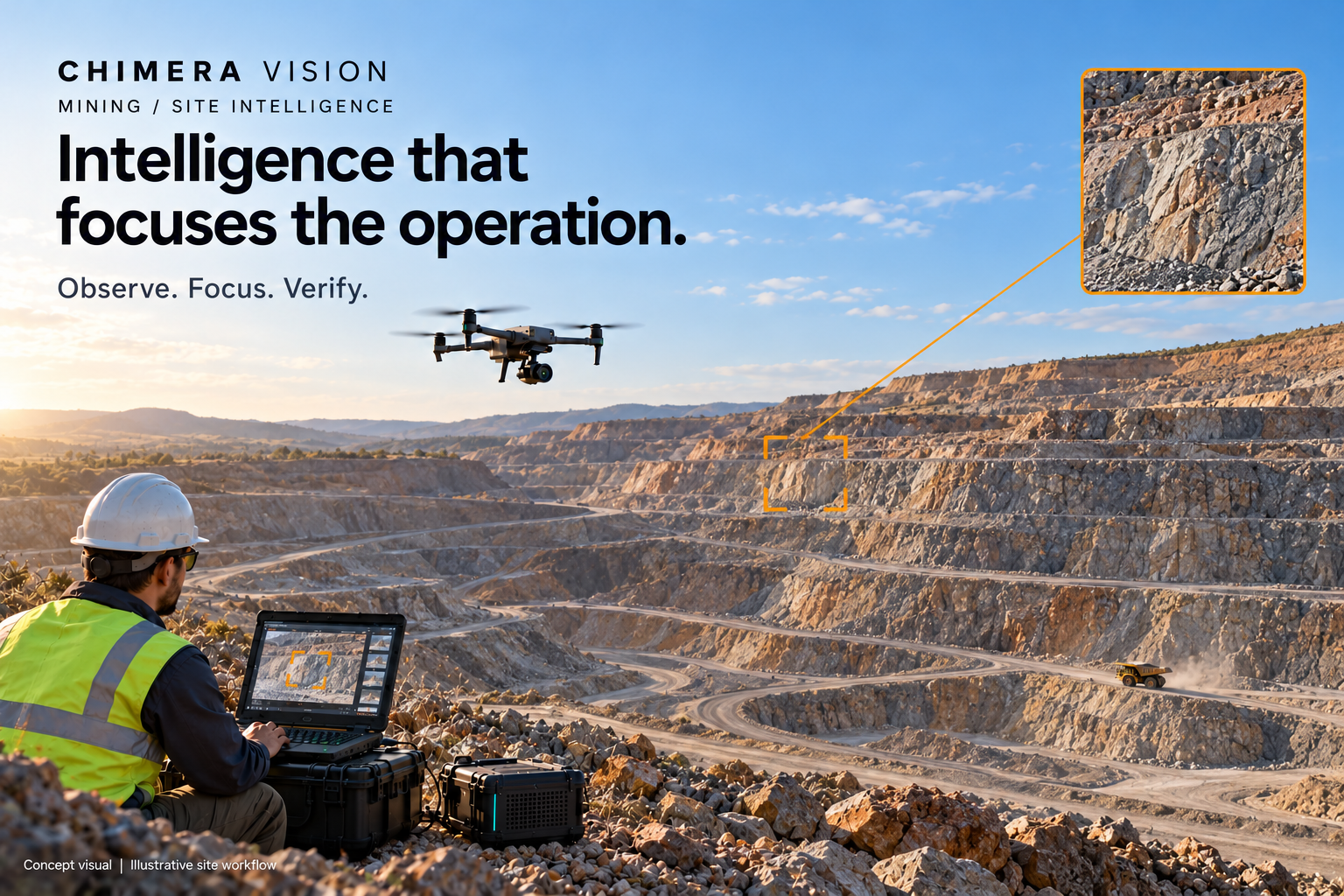 Chimera Vision mining concept: a drone observing a mine site with an operator and a local ground unit.