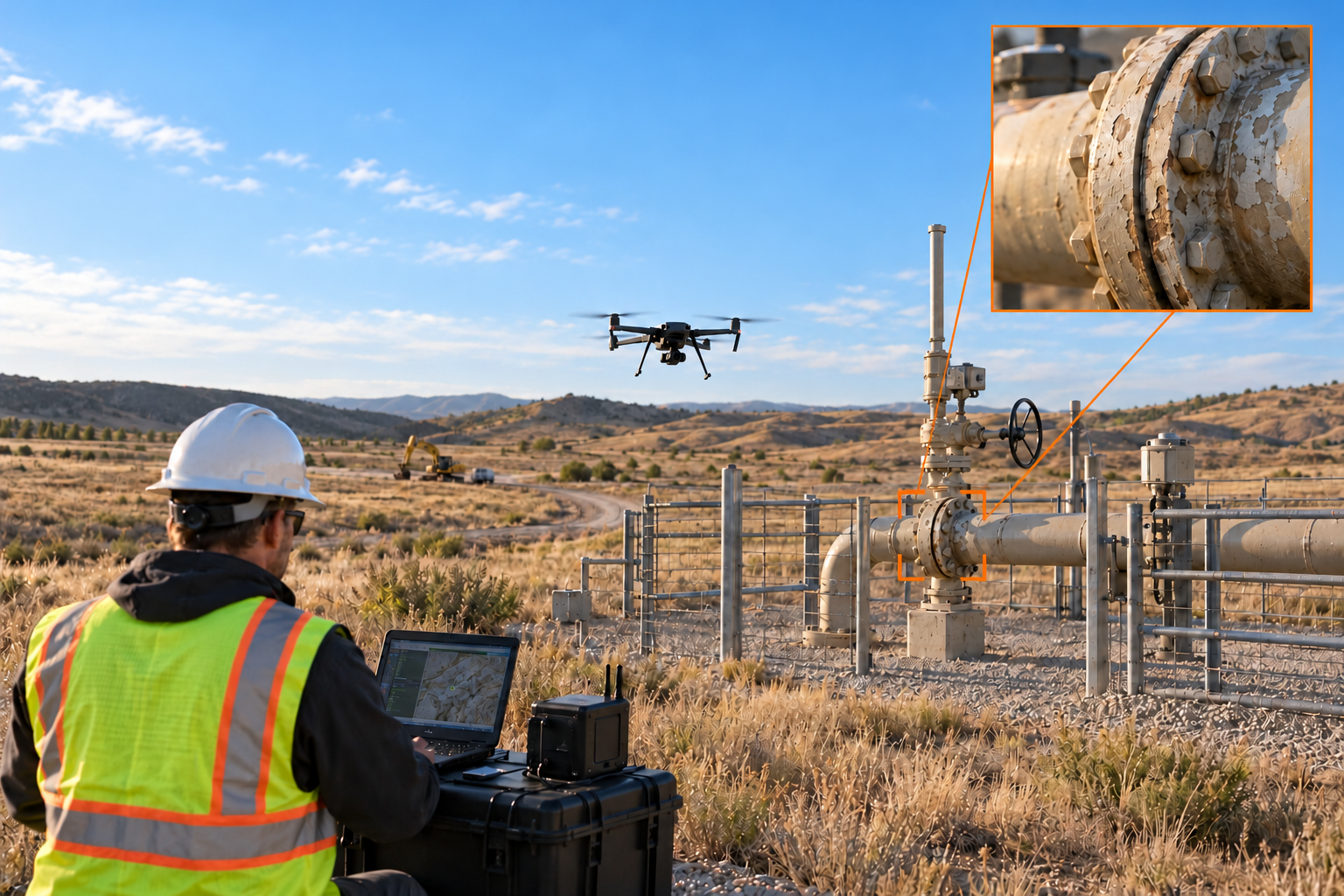 Future inspection concept: a drone and field operator observing an oil-pipeline corridor and exposed station pipework, with a local ground unit.