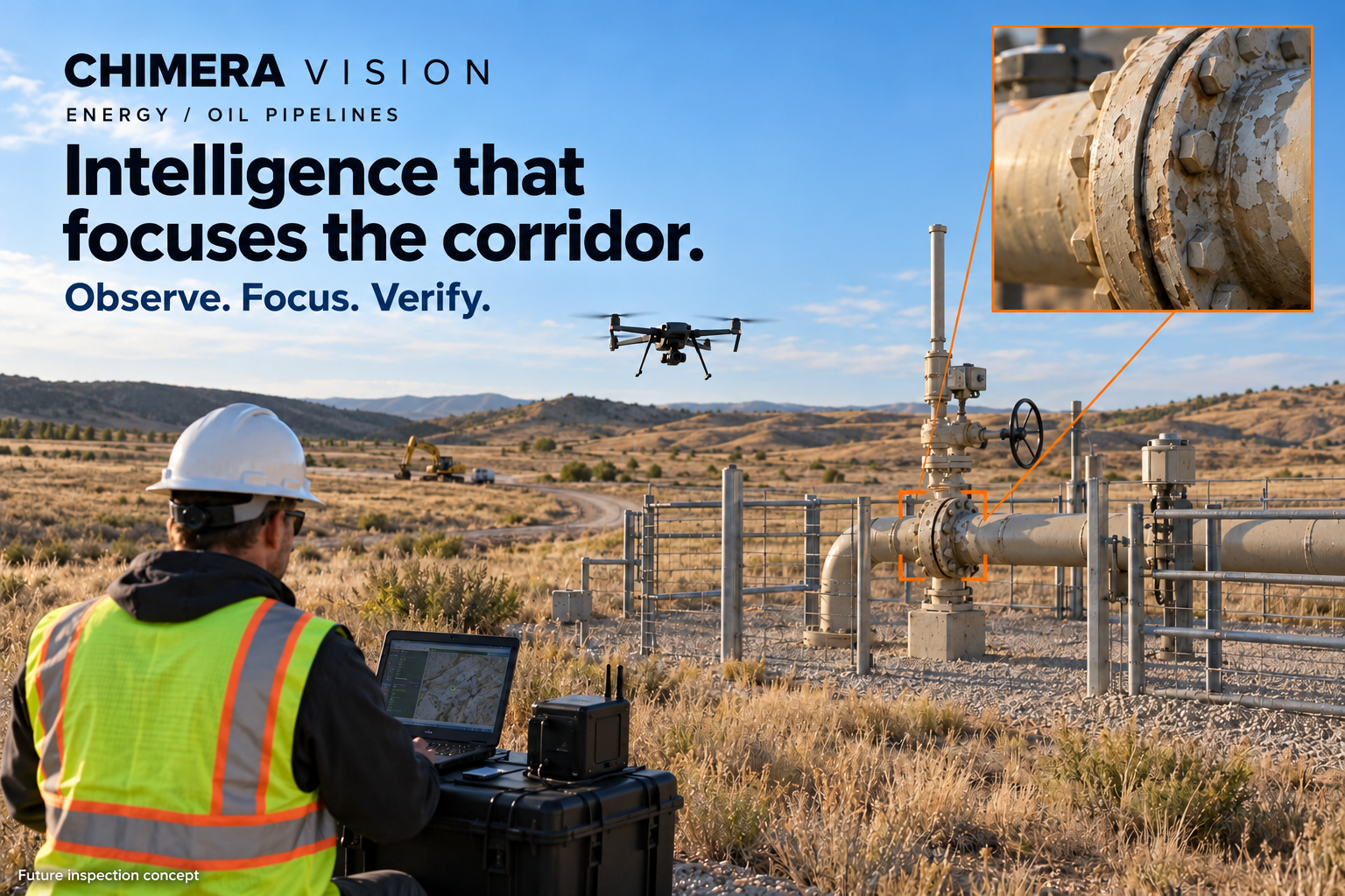 Future inspection concept: a drone and field operator observing an oil-pipeline corridor and exposed station pipework.
