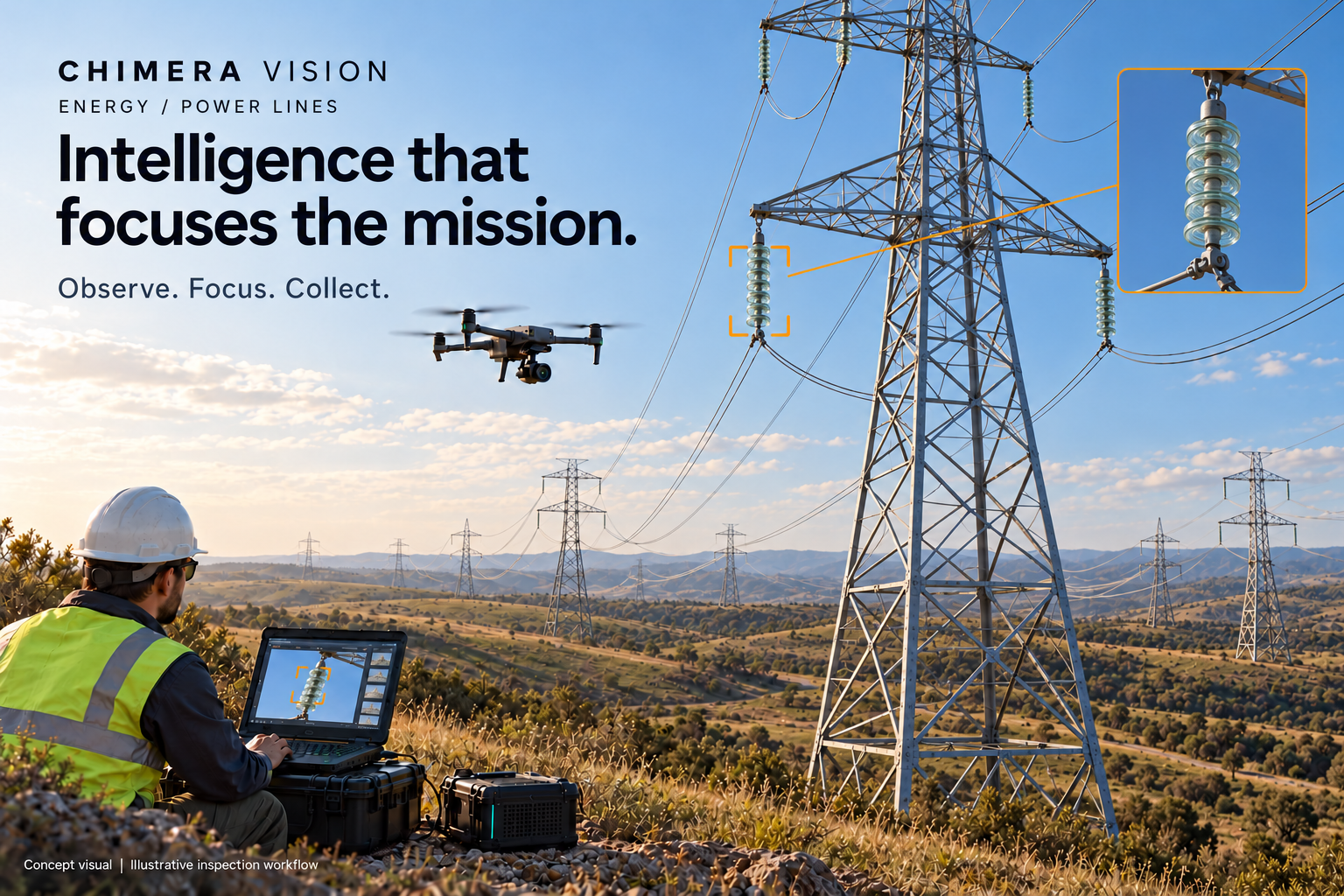 Chimera Vision power-line inspection concept: a drone observing a transmission tower, a ground operator and an enlarged insulator view.