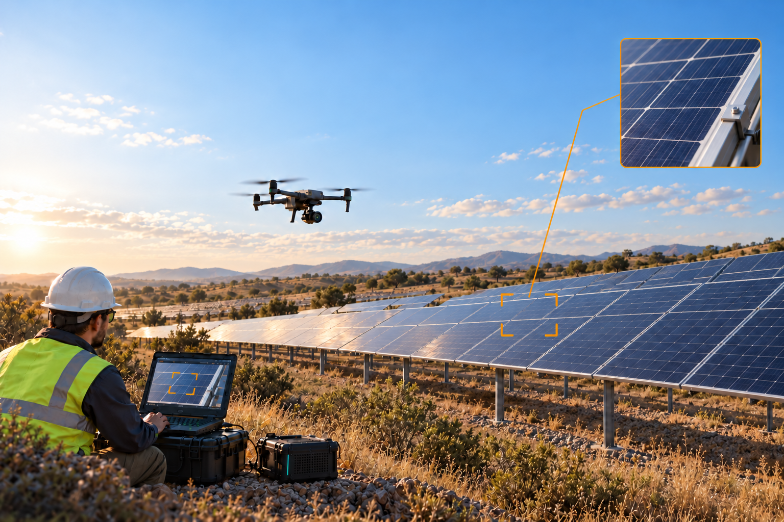 Illustration of drone-assisted solar inspection with an operator and a local ground unit.