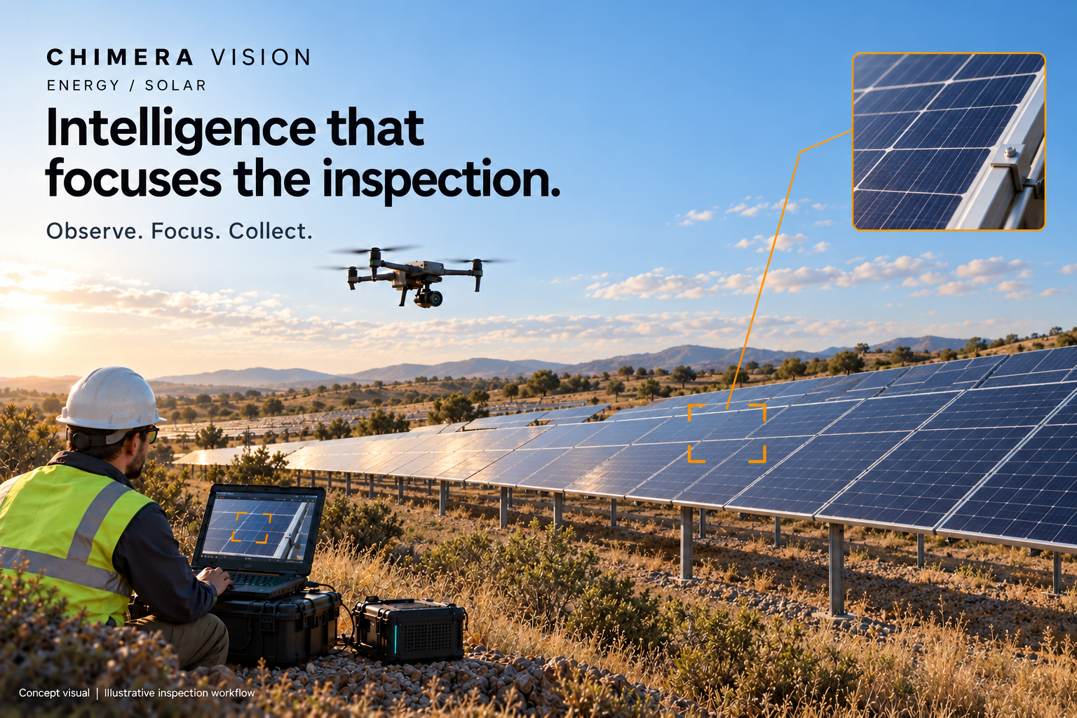 Chimera Vision solar concept: a drone observing a solar array with an operator and a local ground unit.