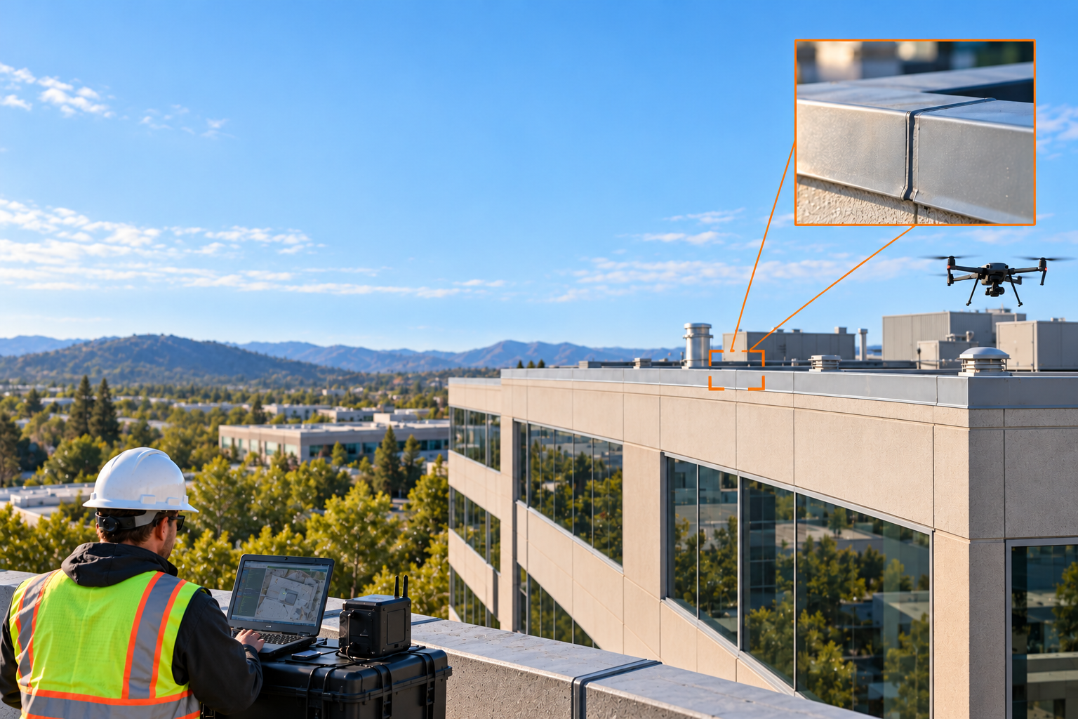 Future inspection concept: a drone and ground operator observing the roof and exterior of an existing building, with a local ground unit.