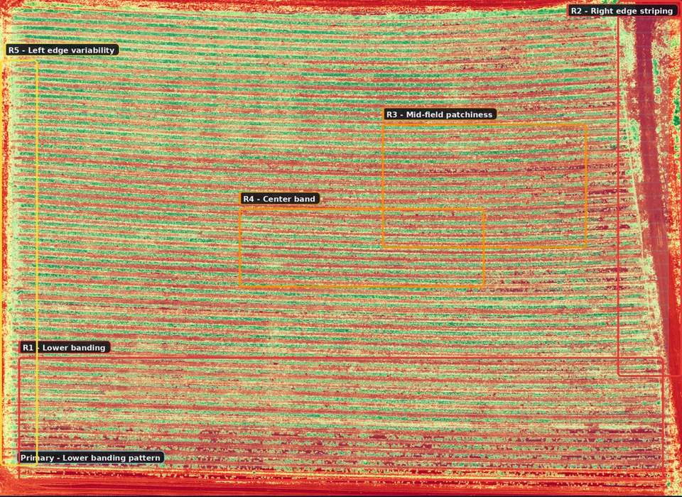 29 April 2026: Strawberry 1 • Scouting-report map. Row 15 irrigation stress was identified in the operator’s field record.