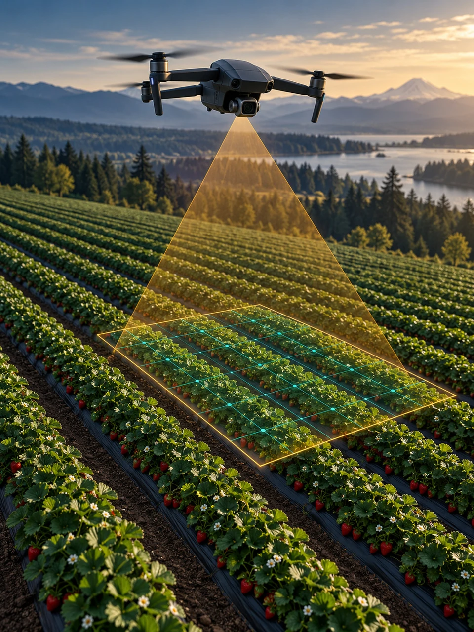 Conceptual illustration of drone-assisted strawberry-field inspection